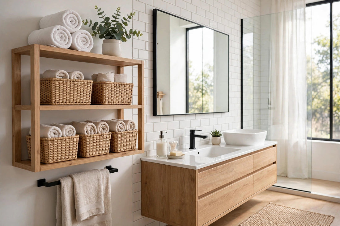 Clean organized modern bathroom with tidy shelves and rolled towels