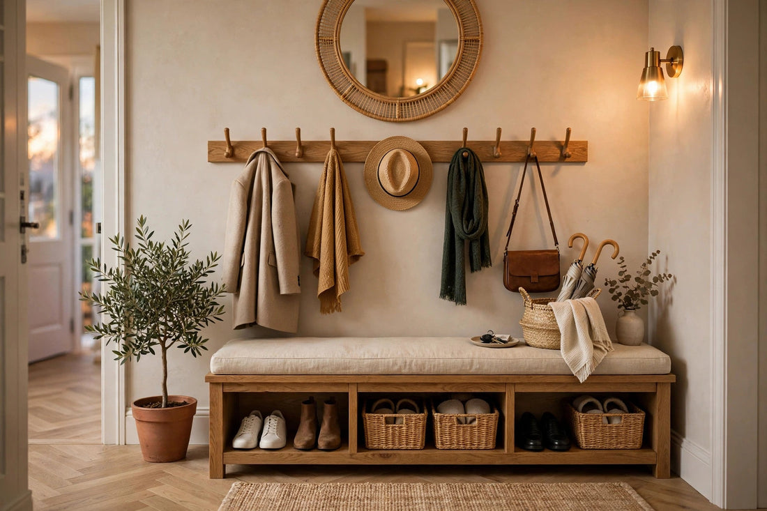 Welcoming organized home entryway with coat hooks, shoe storage bench and mirror