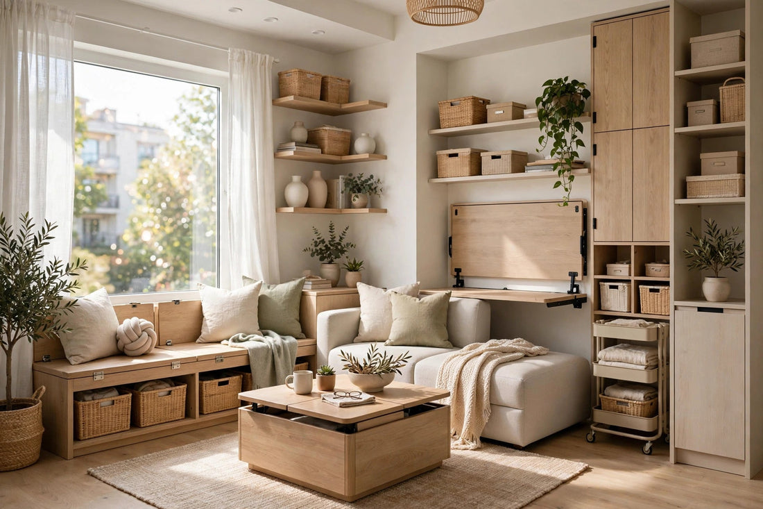 Small apartment living room with multifunctional furniture and clever storage