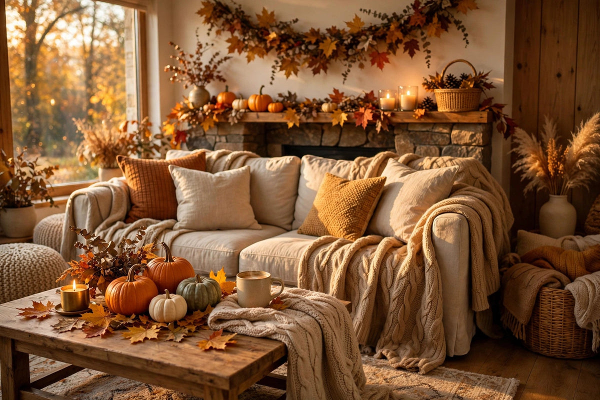 Cozy autumn living room with pumpkins, knit blankets and fall leaves decor