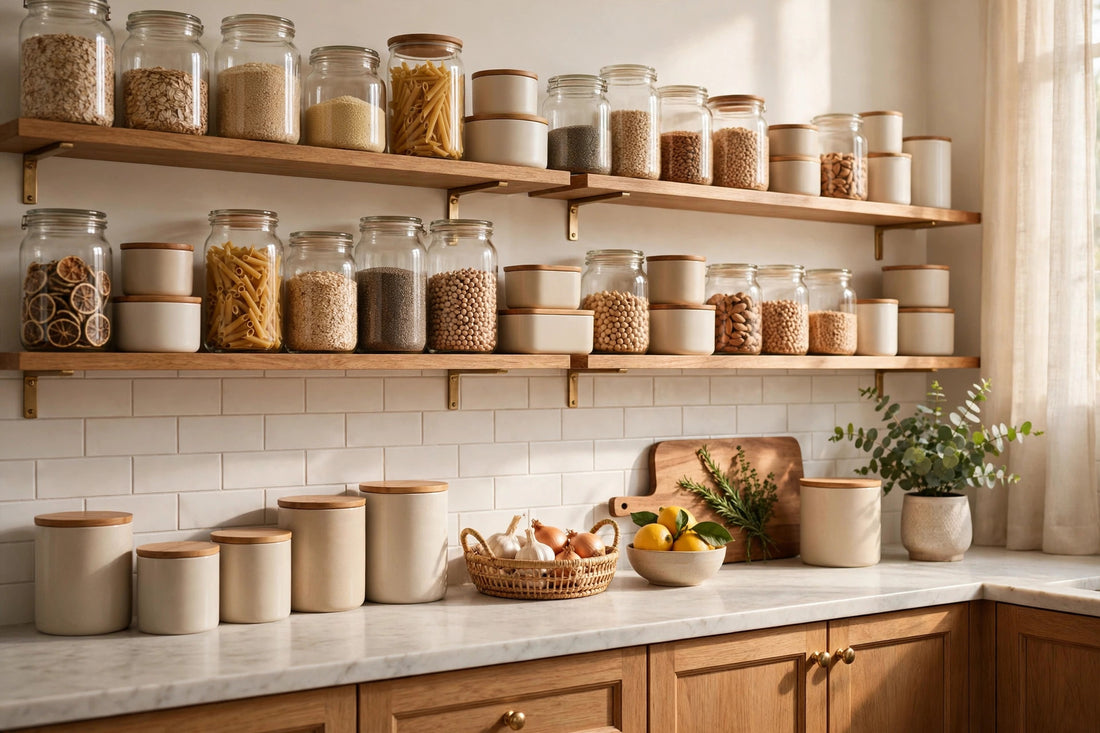 Beautifully organized kitchen with storage containers, neat shelves and jars, warm bright lighting