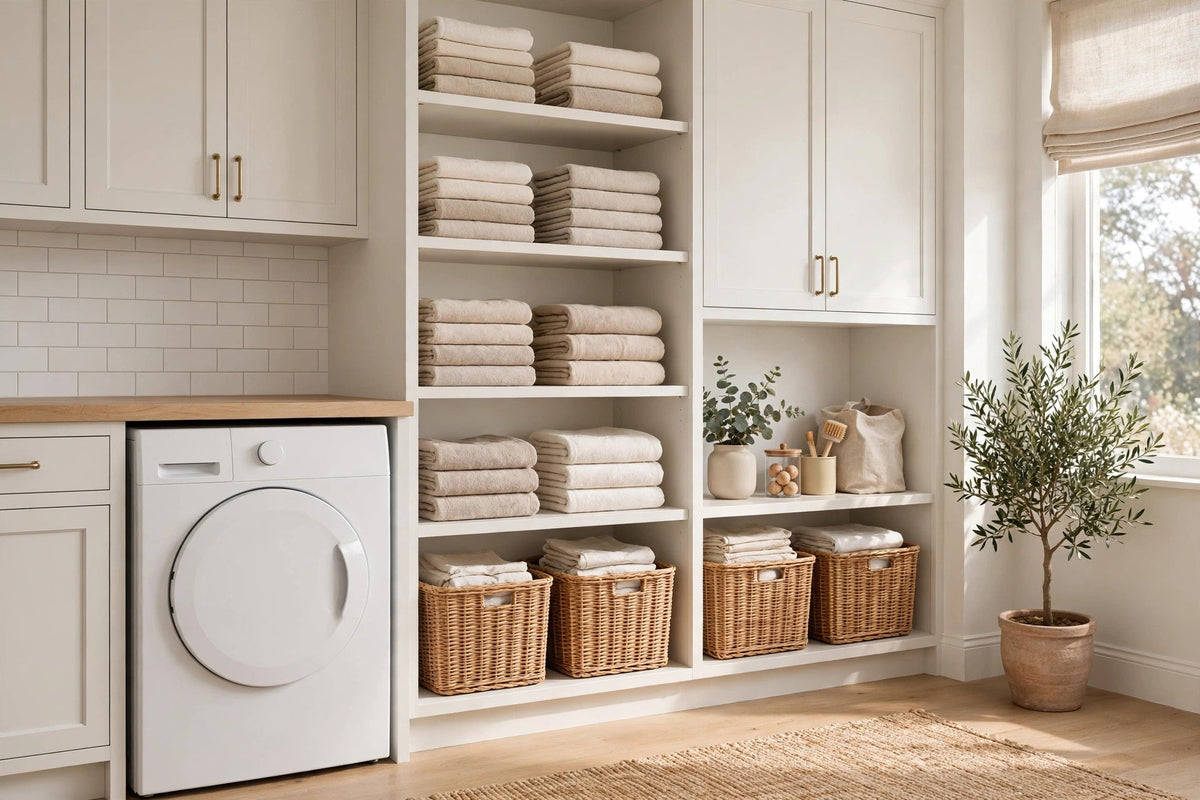 Bright organized laundry room with washing machine, folded towels and storage baskets