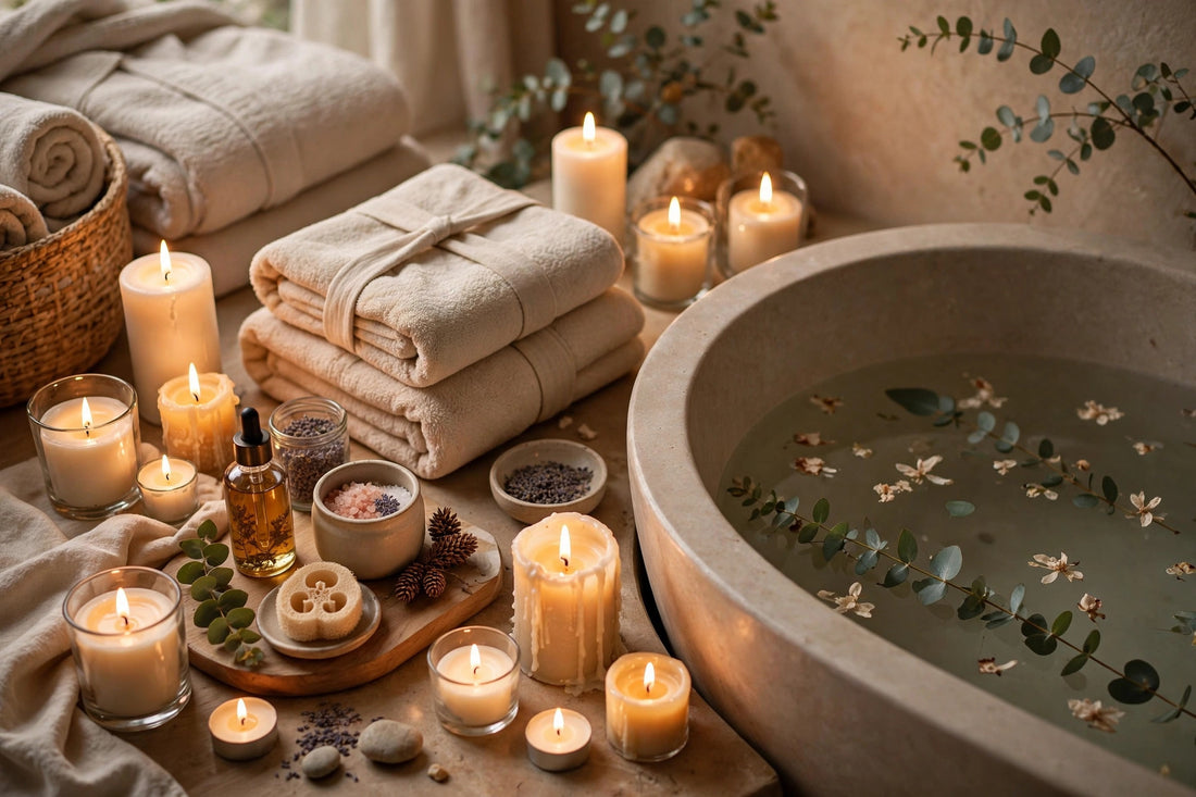 Relaxing spa bath with lit candles, folded towels and bath products, soft warm lighting