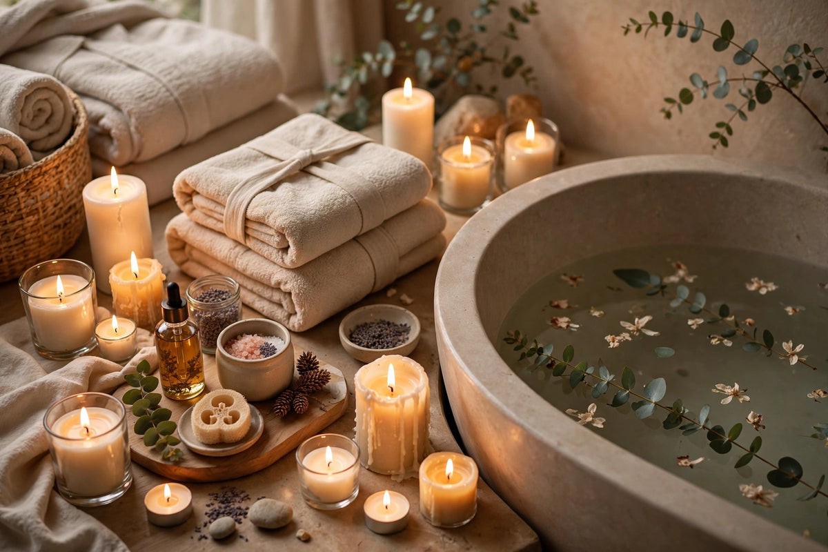Relaxing spa bath with lit candles, folded towels and bath products, soft warm lighting