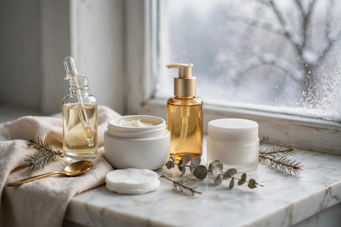 Elegant skincare products arranged on a marble vanity with soft winter window light
