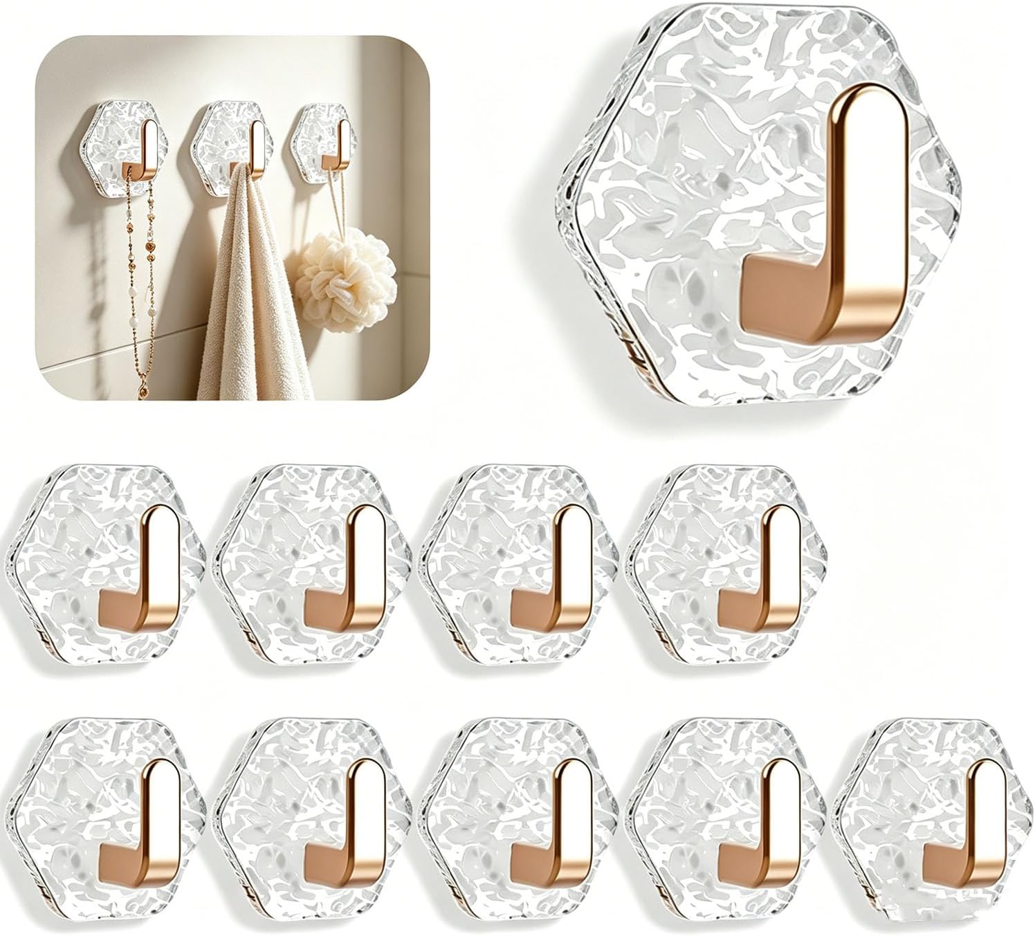 10PCS Water Ripple Hexagonal Self Adhesive Hooks, No Drill Wall Hooks, Self-Adhesive Hooks Easy Installation Bathroom Kitchen Wall Hook for Towels, Keys & Home Decor, Home Organization