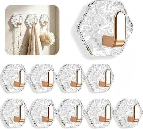 10PCS Water Ripple Hexagonal Self Adhesive Hooks, No Drill Wall Hooks, Self-Adhesive Hooks Easy Installation Bathroom Kitchen Wall Hook for Towels, Keys & Home Decor, Home Organization