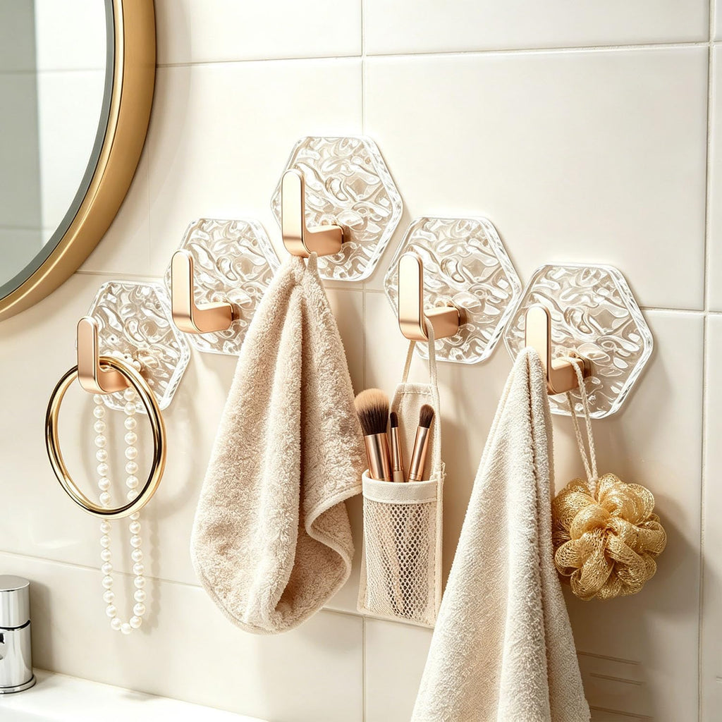 10PCS Water Ripple Hexagonal Self Adhesive Hooks, No Drill Wall Hooks, Self-Adhesive Hooks Easy Installation Bathroom Kitchen Wall Hook for Towels, Keys & Home Decor, Home Organization