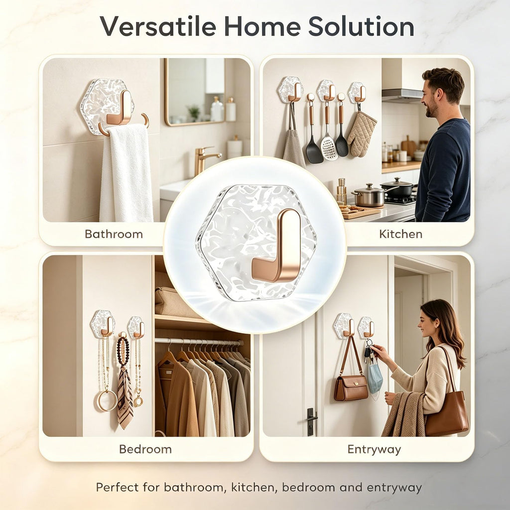 10PCS Water Ripple Hexagonal Self Adhesive Hooks, No Drill Wall Hooks, Self-Adhesive Hooks Easy Installation Bathroom Kitchen Wall Hook for Towels, Keys & Home Decor, Home Organization