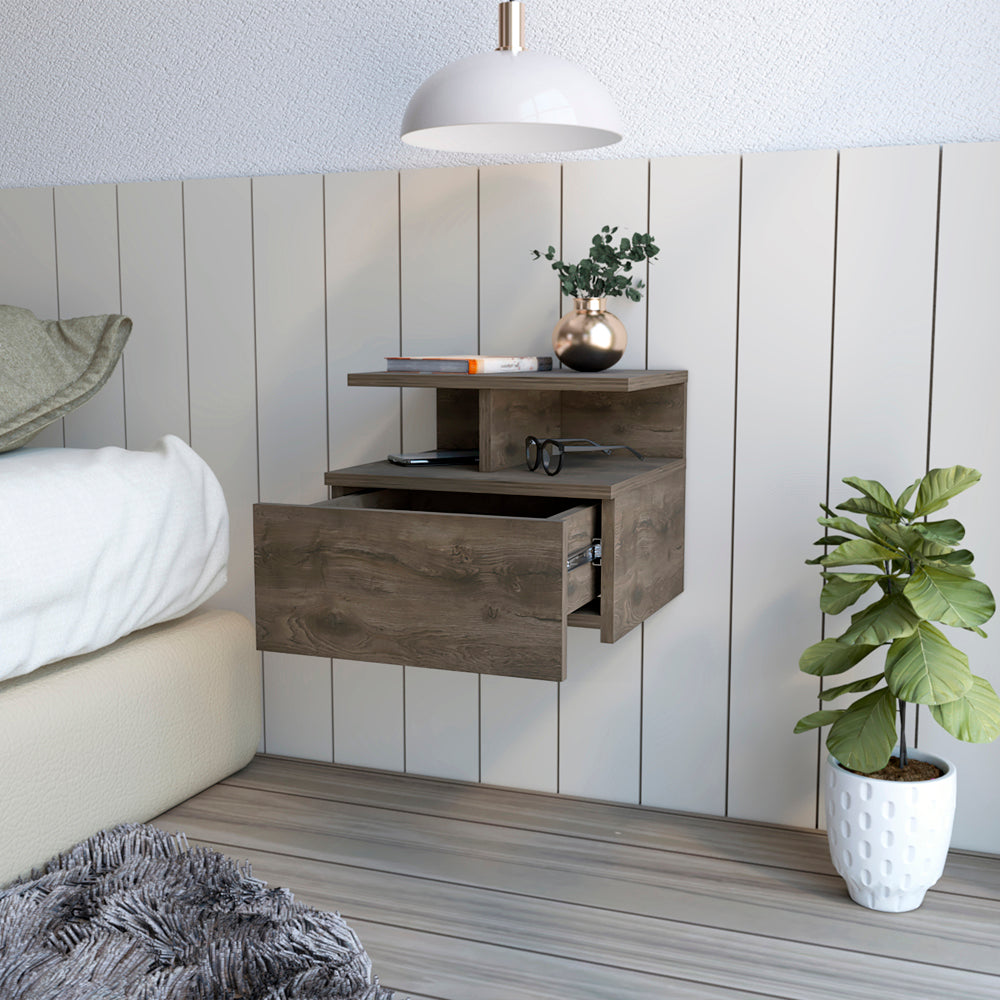 Floating Nightstand - One Drawer Dark Walnut Wall Mounted Bedside Table