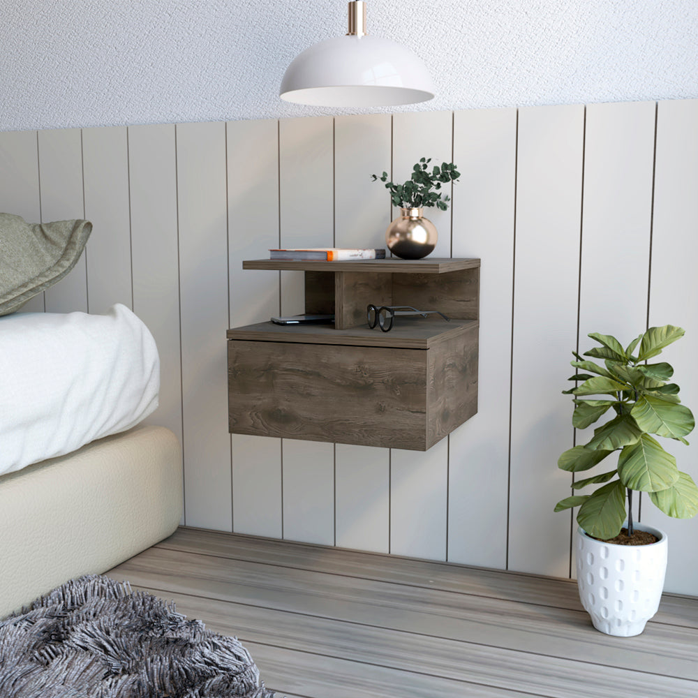 Floating Nightstand - One Drawer Dark Walnut Wall Mounted Bedside Table