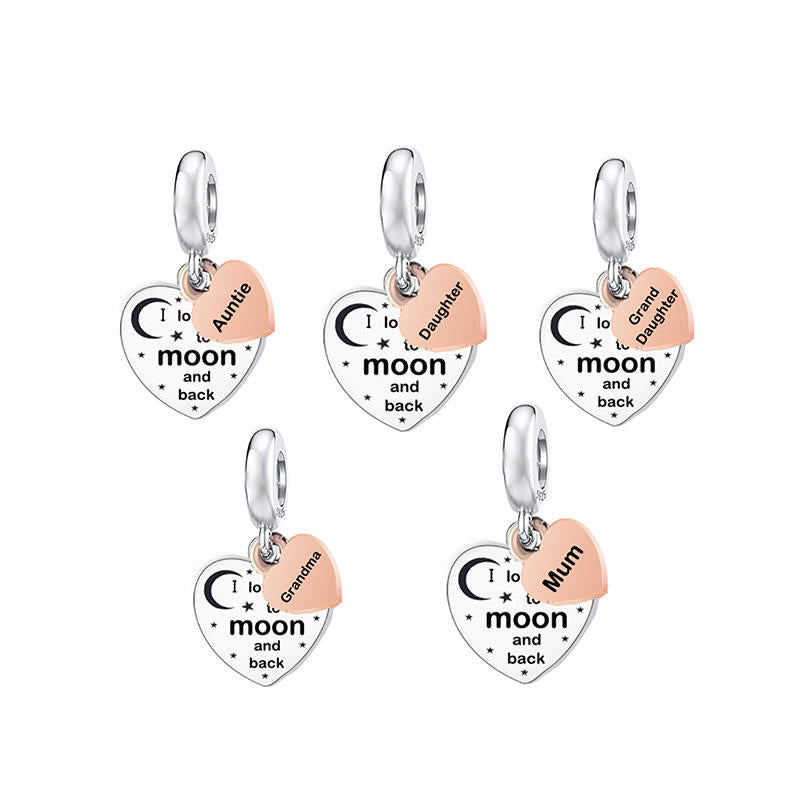 925 Sterling Silver Grandma Heart Charm - 'I Love You to the Moon and Back'