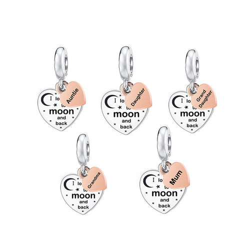 925 Sterling Silver Grandma Heart Charm - 'I Love You to the Moon and Back'