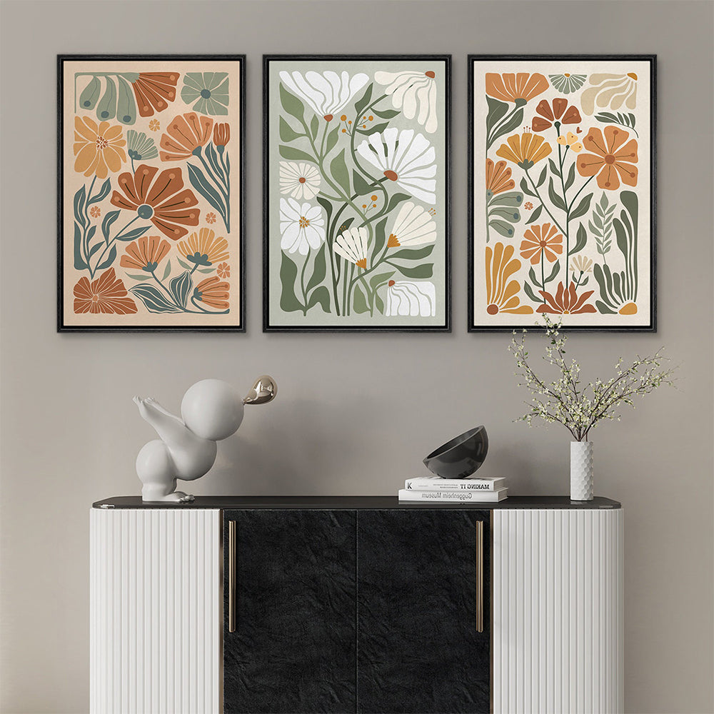 Retro Floral Wall Art Set of 3 - Scandinavian Botanical Canvas Prints