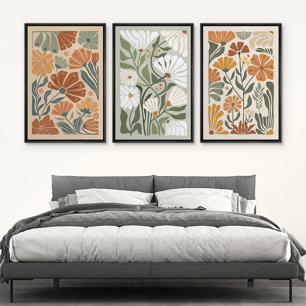 Retro Floral Wall Art Set of 3 - Scandinavian Botanical Canvas Prints
