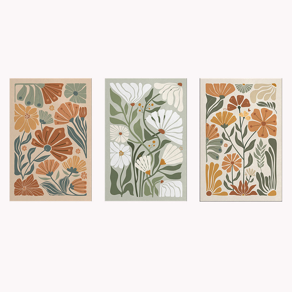 Retro Floral Wall Art Set of 3 - Scandinavian Botanical Canvas Prints