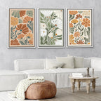 Retro Floral Wall Art Set of 3 - Scandinavian Botanical Canvas Prints