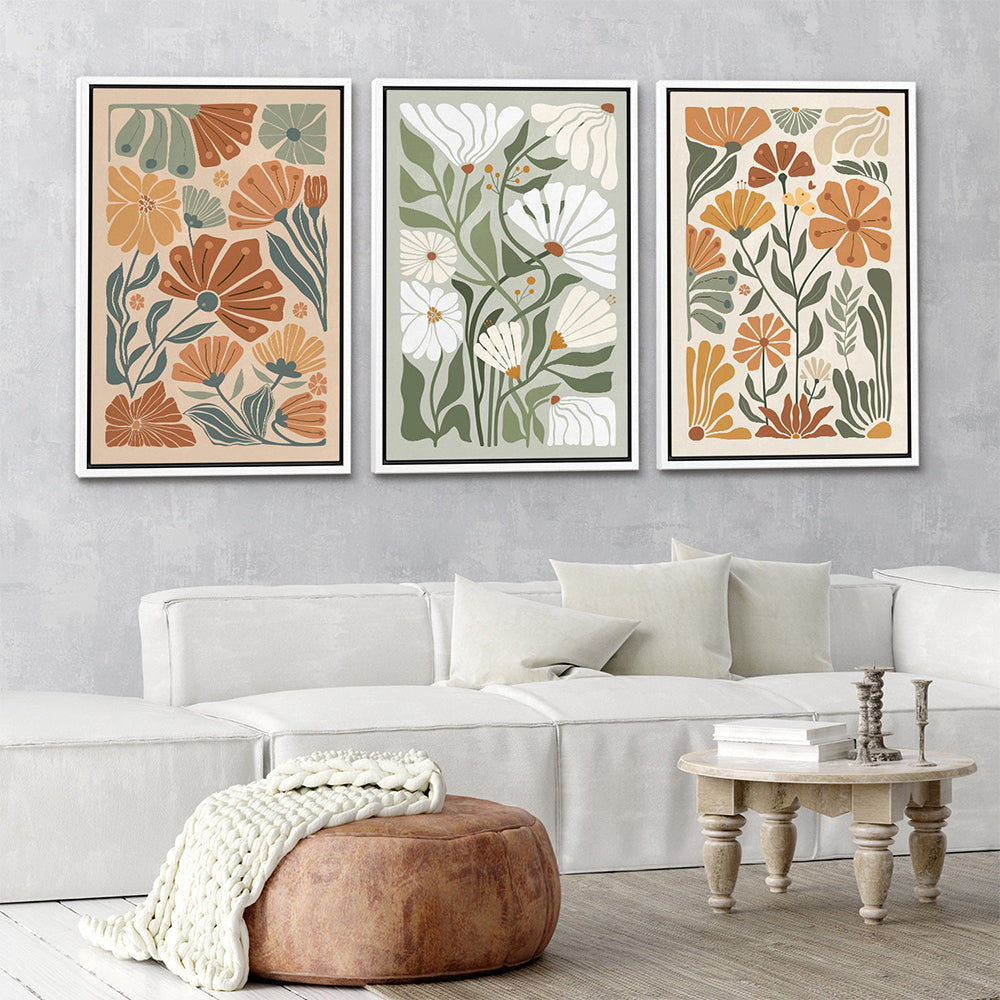 Retro Floral Wall Art Set of 3 - Scandinavian Botanical Canvas Prints