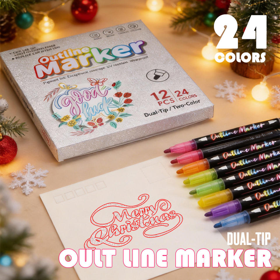 Double Line Outline Markers 12PCS - 24 Colors Metallic Art Pens for DIY Cards & Drawing
