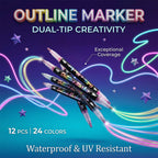 Double Line Outline Markers 12PCS - 24 Colors Metallic Art Pens for DIY Cards & Drawing