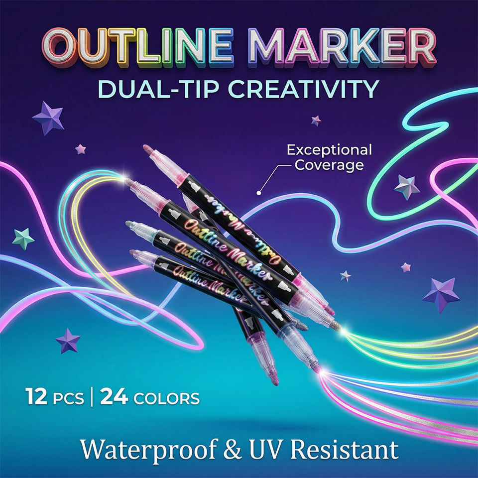 Double Line Outline Markers 12PCS - 24 Colors Metallic Art Pens for DIY Cards & Drawing