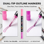 Double Line Outline Markers 12PCS - 24 Colors Metallic Art Pens for DIY Cards & Drawing