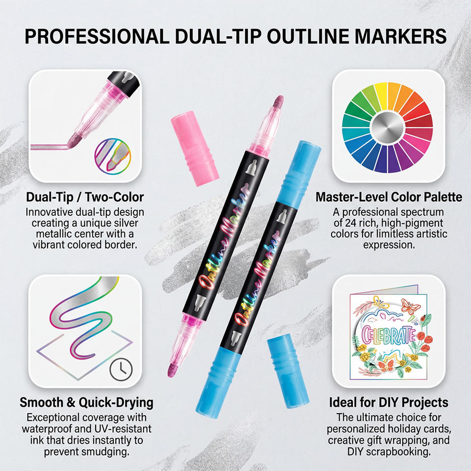Double Line Outline Markers 12PCS - 24 Colors Metallic Art Pens for DIY Cards & Drawing