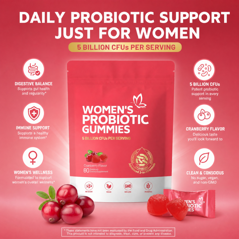 Women's Daily Probiotic Gummies - 5 Billion CFUs, Cranberry Flavor, 60 Gummies