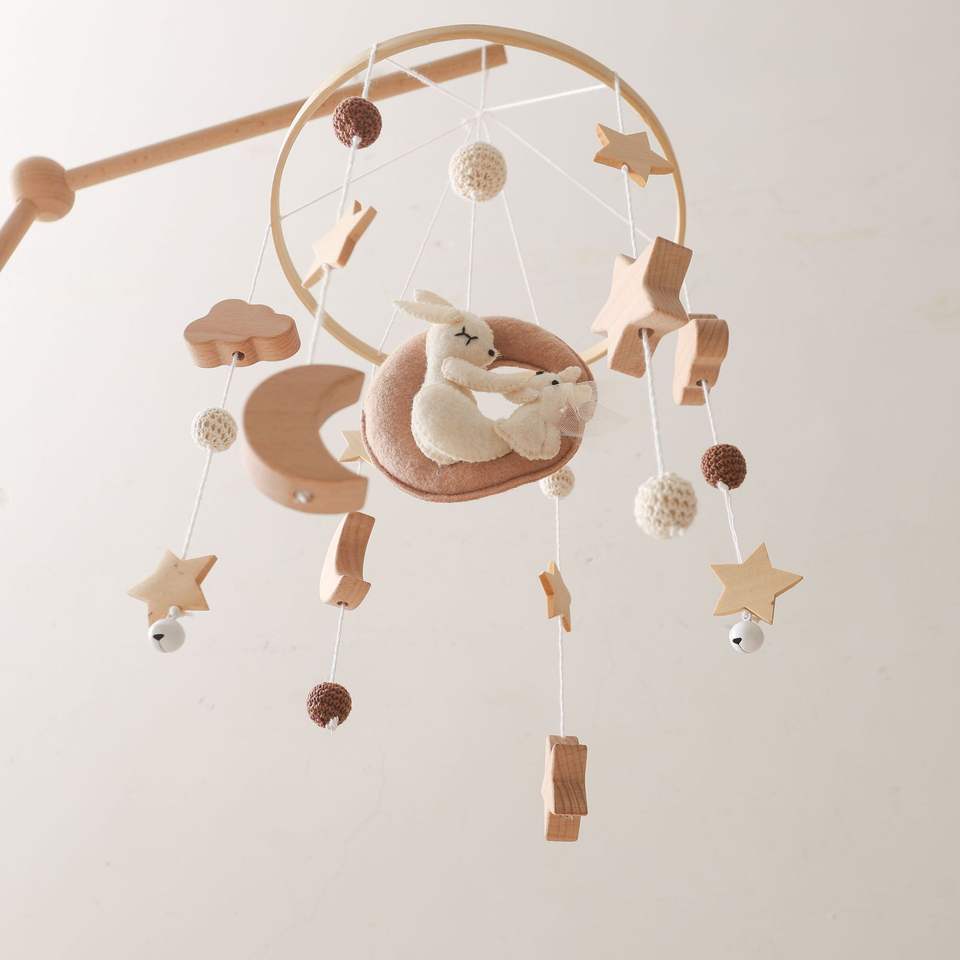 Nordic Wooden Baby Crib Mobile - Handmade Felt Moon & Bunny Rattle Soothing Toy