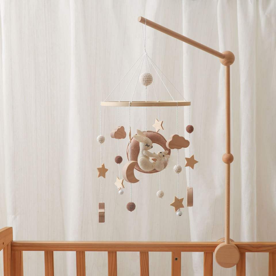 Nordic Wooden Baby Crib Mobile - Handmade Felt Moon & Bunny Rattle Soothing Toy