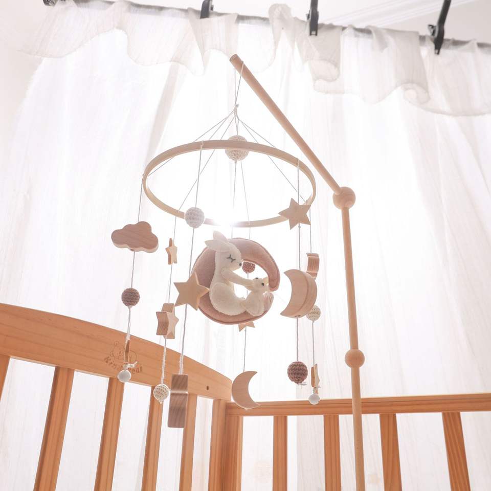Nordic Wooden Baby Crib Mobile - Handmade Felt Moon & Bunny Rattle Soothing Toy
