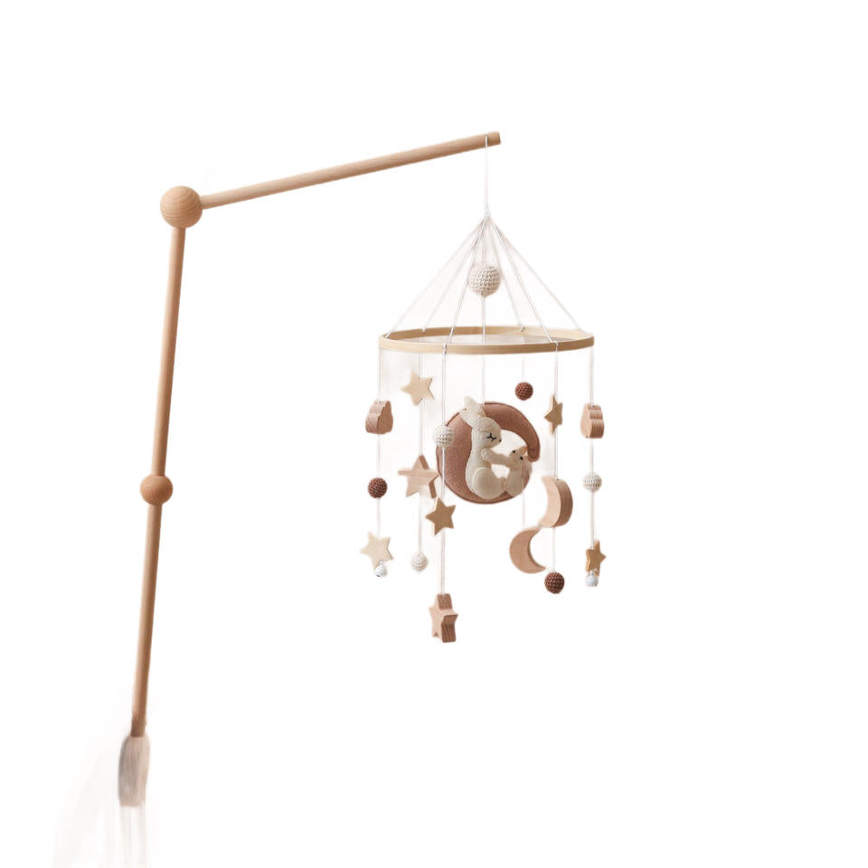 Nordic Wooden Baby Crib Mobile - Handmade Felt Moon & Bunny Rattle Soothing Toy
