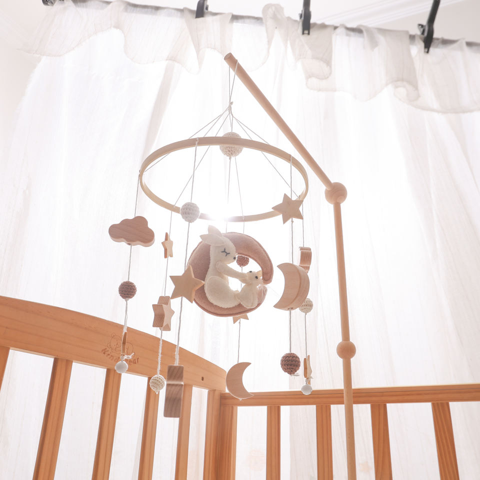 Nordic Wooden Baby Crib Mobile - Handmade Felt Moon & Bunny Rattle Soothing Toy