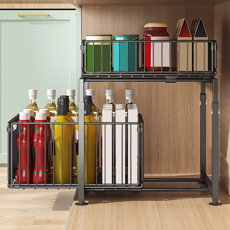 Varenza's Pull-Out Under Sink Organizer – Adjustable 2-Tier Storage Rack