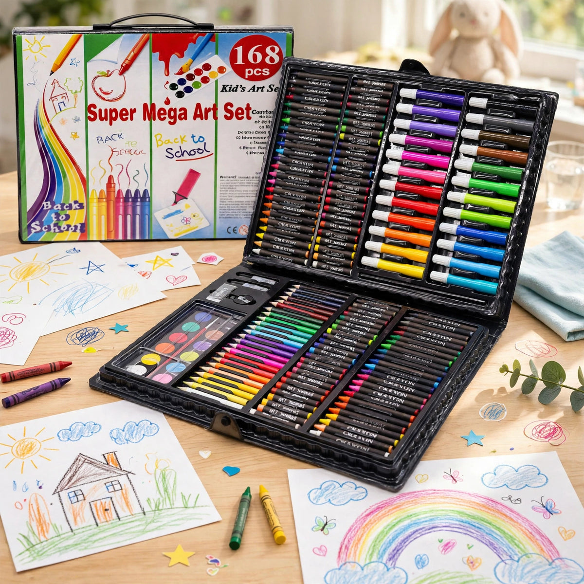 Kids Art Drawing Set 168 Pieces - Non-Toxic Watercolor, Crayons & Colored Pencils with Easel