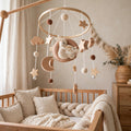 Nordic Wooden Baby Crib Mobile - Handmade Felt Moon & Bunny Rattle Soothing Toy