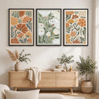 Retro Floral Wall Art Set of 3 - Scandinavian Botanical Canvas Prints