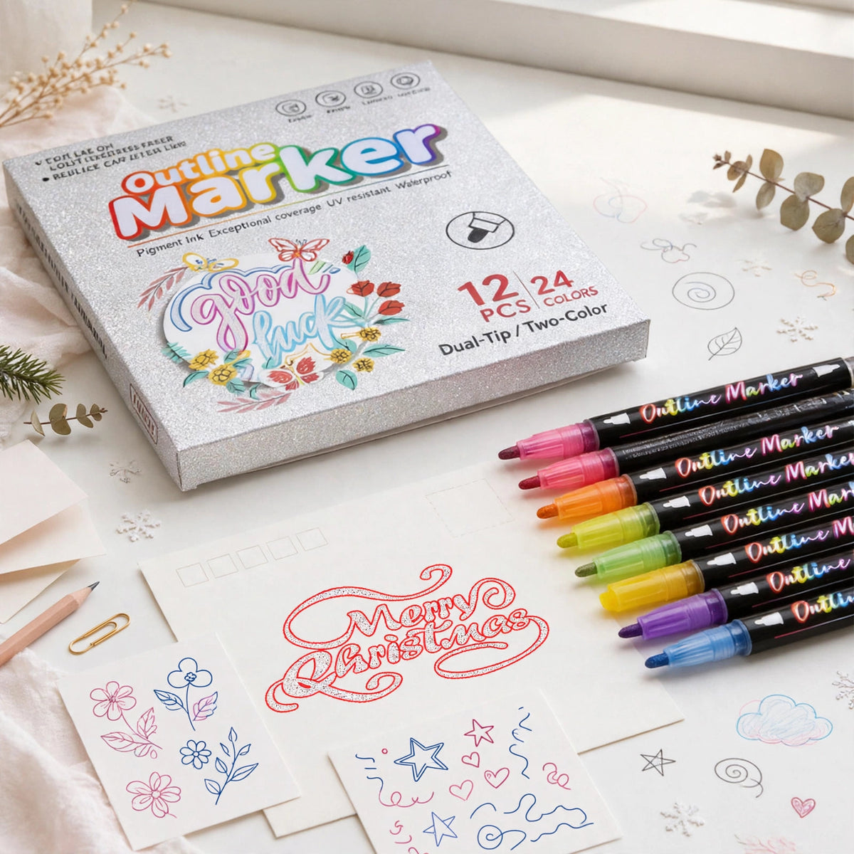 Double Line Outline Markers 12PCS - 24 Colors Metallic Art Pens for DIY Cards & Drawing