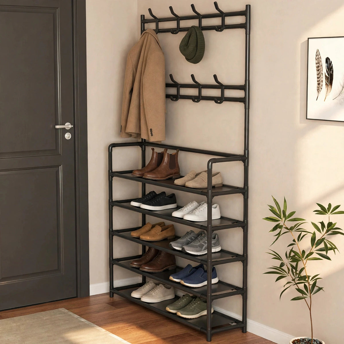 Over-Door Shoe Rack Organizer - Portable 3-Layer Shoe Storage Cabinet with Coat Hooks