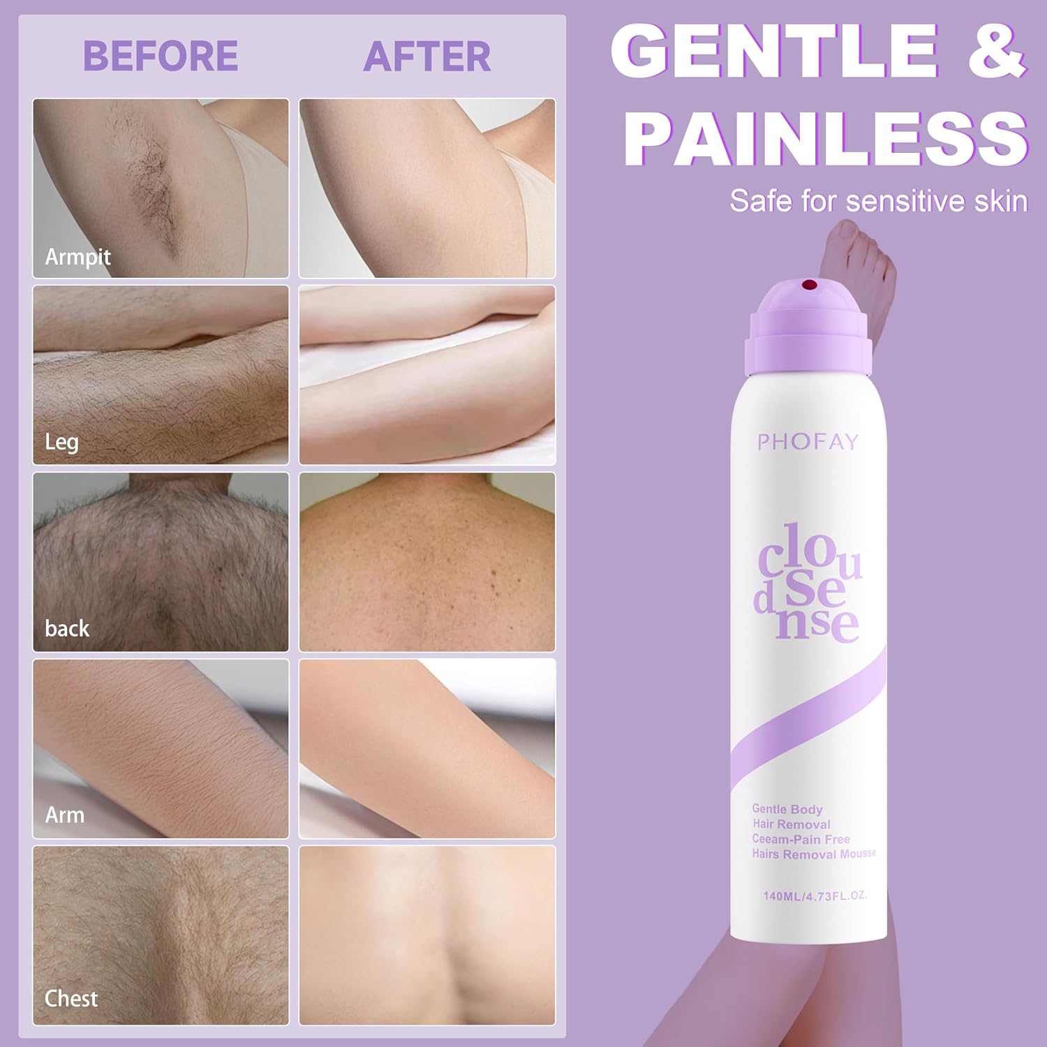 PHOFAY Hair Removal Spray for Sensitive Skin, Gentle & Fast-Acting with Aloe & Hyaluronic Acid