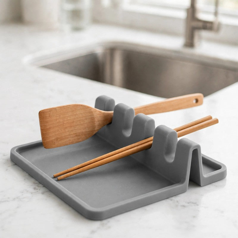 Silicone Kitchen Utensil Rest - Non-Slip Drying Rack Holder for Spatula, Fork & Tableware