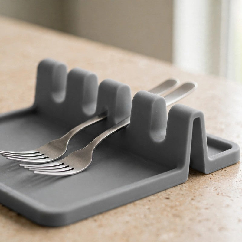 Silicone Kitchen Utensil Rest - Non-Slip Drying Rack Holder for Spatula, Fork & Tableware