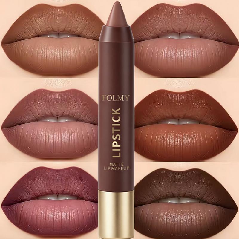 6-Piece Matte Lipstick Set - Brown Shades, Waterproof, Non-Stick Cup