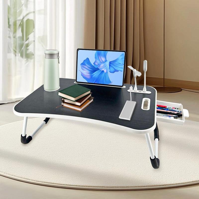 Foldable Laptop Desk - Wooden Tray Table with Cup Holder, Drawer, USB Fan & Light, Adjustable Tabletop, Portable Space-Saving