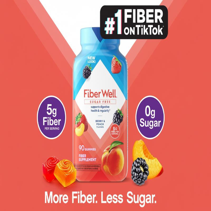 Fiber Well Sugar Free Gummies - 5g - Berry & Peach Flavor Fiber Gummies - Supports Digestive Health & Regularity - 90 Gummies
