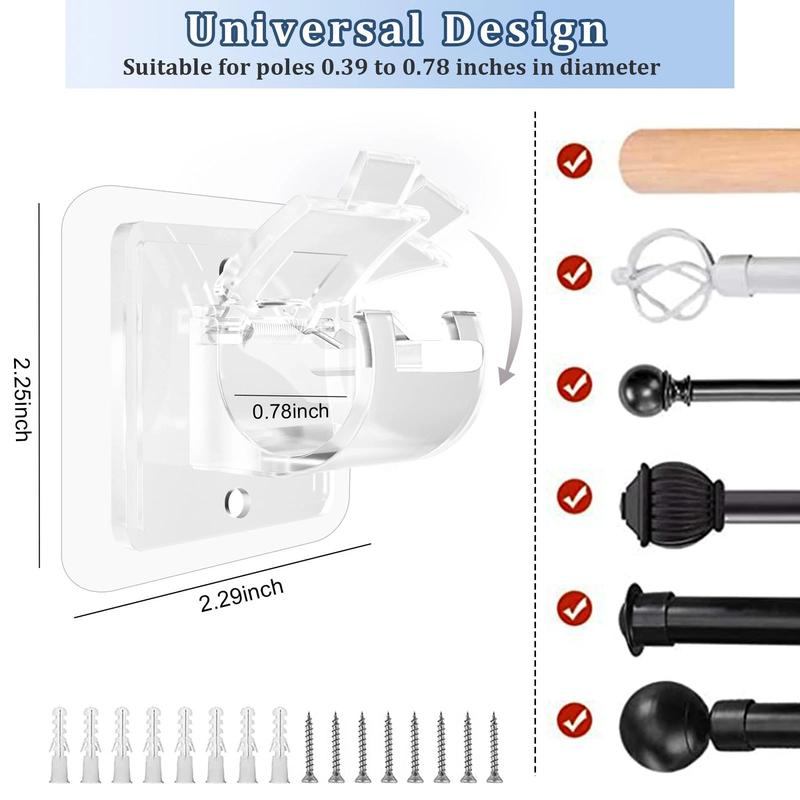Clear Curtain Pole Mount Brackets with 1 Clip – Transparent Rod Supports