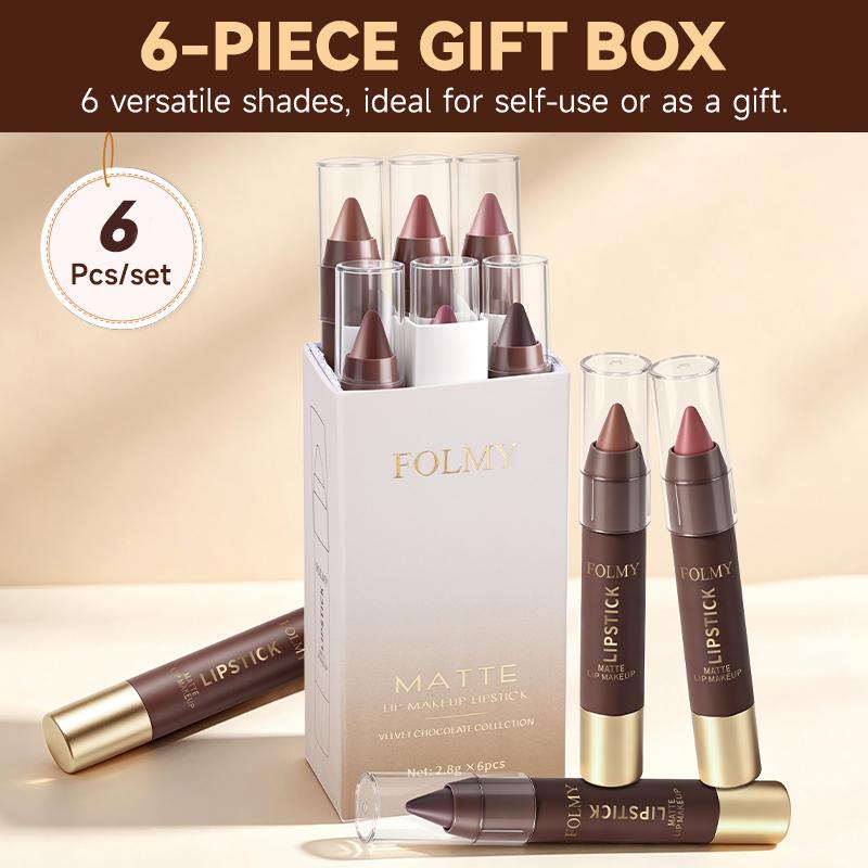 6-Piece Matte Lipstick Set - Brown Shades, Waterproof, Non-Stick Cup