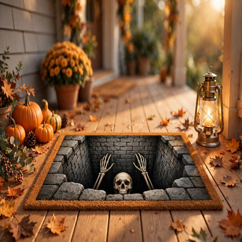 Halloween Door Mat Outside Entrance - Festive 3D Visual Skull, Clown Horror Front Porch Rug for Home Decor