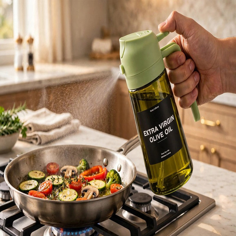 Olive Oil Dispenser - 470ml Glass Spray & Pour Bottle for Cooking, Kitchen & BBQ