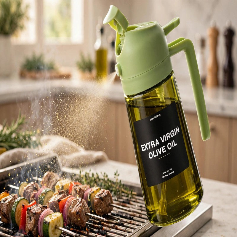 Olive Oil Dispenser - 470ml Glass Spray & Pour Bottle for Cooking, Kitchen & BBQ